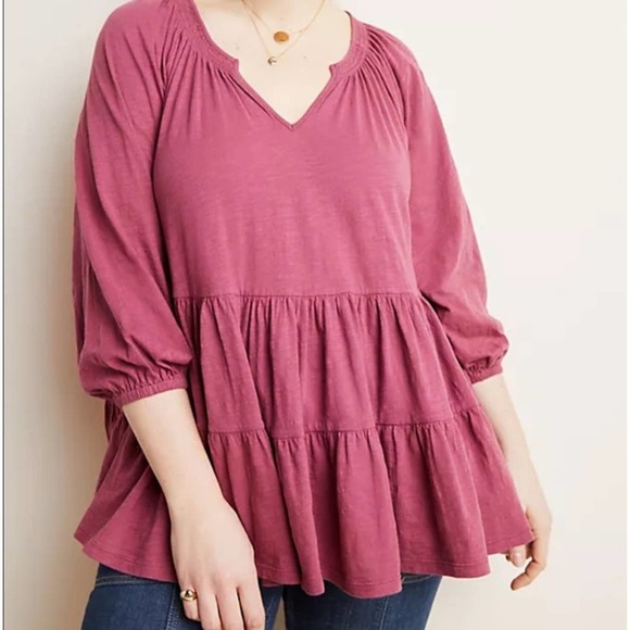 Anthropologie Tops - Anthropologie Maeve Isola Tiered Babydoll Top Dark Pink Size 1X